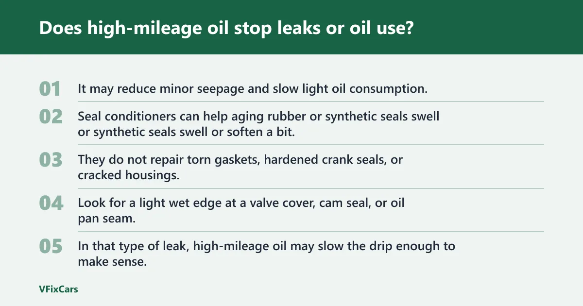 Steps: Does high-mileage oil stop leaks or oil use?