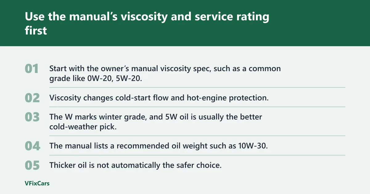 Steps: Use the manual’s viscosity and service rating first