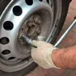 Driver and technician inspect a car tire beside a sedan in natural daylight