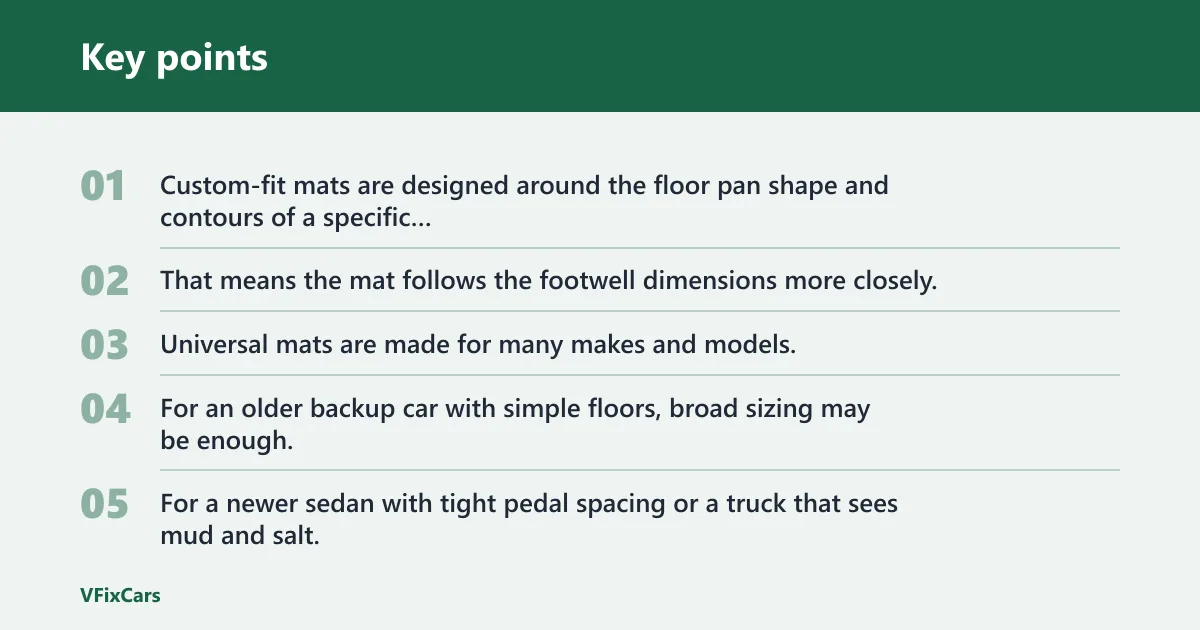 Key points: Universal vs custom-fit floor mats: the core trade-off