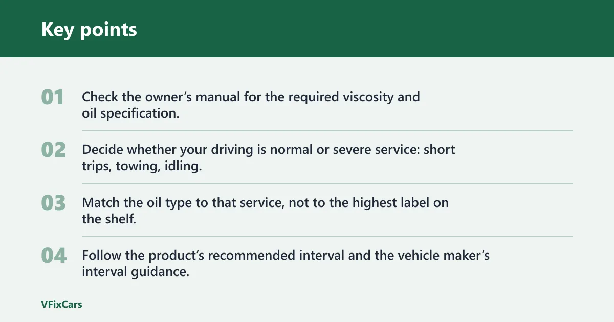 Key points: Choose conventional oil if… / Choose full synthetic oil if…