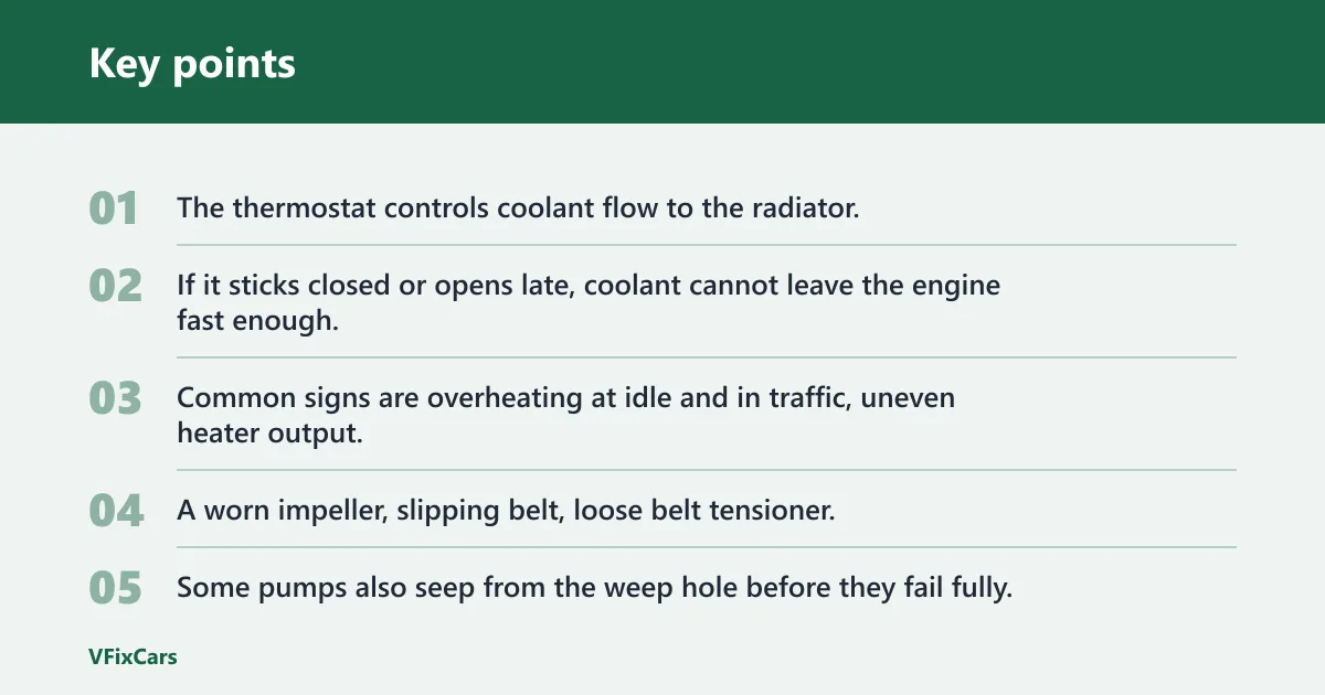 Key points: Thermostat and water pump