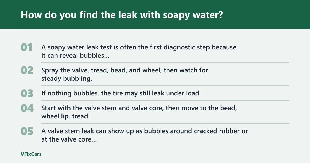 Steps: How do you find the leak with soapy water?
